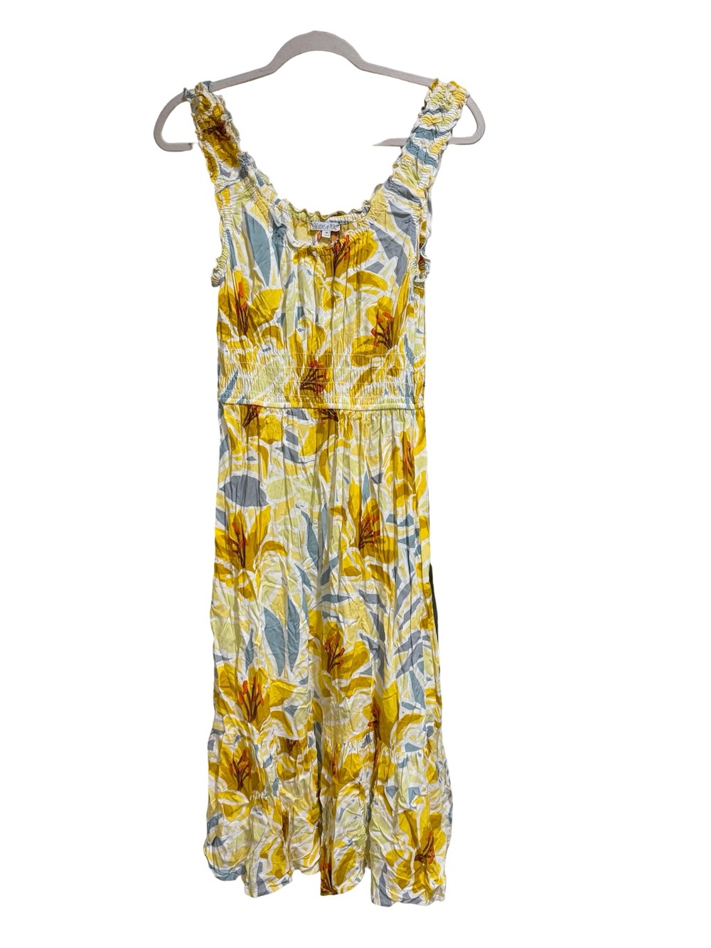 💛 Patrons of Peace Yellow Floral Smocked Tiered Bohemian Maxi Dress Size Medium